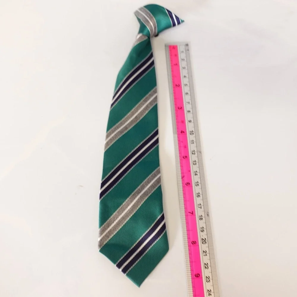 Skinny Tie Boy Green Repp Striped Regimental Dress Preppy Formal Clip On Necktie